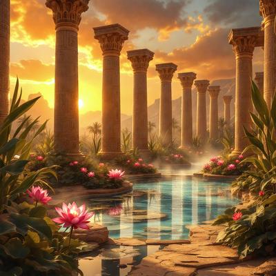 Primary subject: A beautiful garden with a pond, surrounded by tall columns and statues.

Setting/background: The garden is set in a sunny, serene environment, with a pond in the middle. The columns and statues are arranged around the pond, creating an aesthetically pleasing atmosphere.

Visual style: The image is a digital artwork, showcasing the artist's creativity and attention to detail.

Colors and mood: The colors in the image are predominantly warm and vibrant, with the sunlight creating a bright and inviting mood. The garden's lush greenery and the pond's calm water contribute to a sense of tranquility and relaxation.